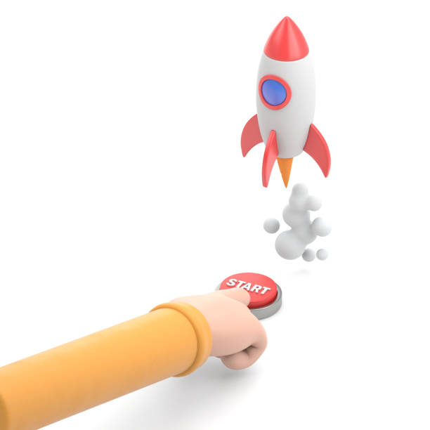 Cartoon Gesture Icon Mockup.Flat 3d isometric businessman hand presses start button to launches a space rocket. Business start up concept.3D rendering on white background.