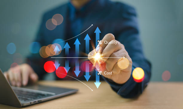 Cost efficient and quality control concept. Businessman with virtual quality control growth graph and cost reduction lower. Cost optimization for product or service to improve business risk solution