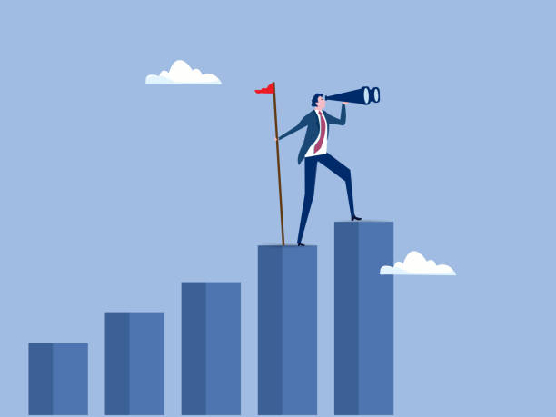 istock Vision to see next goal, motivation to success, forecast and business prediction, challenge to be better and achieve success concept, confidence businessman step on rise up graph look for next goal. 2152400577
