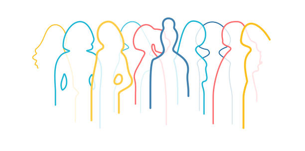 People stand together. Color thin line vector. Abstract flat illustration. International women faces, body silhouettes group. Different young age girls background. World woman day, diversity concept