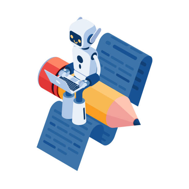 Isometric Ai Robot Sitting on Pencil and Write Article Flat 3d Isometric Ai Robot Sitting on Pencil and Write Article. AI Powered Writing Assistant Concept 3d render stock illustrations