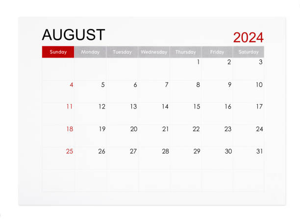 The August 2024 monthly calendar page isolated on white background, Saved clipping path.