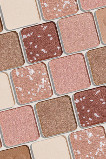 istock Eye shadows beige color swatches, creative cosmetic texture background, different shiny and matte eyeshadow, trend geometric pattern, aesthetic beauty template, neutral color powder for makeup 2152407378