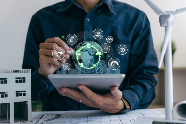 Businessman using tablet with LCA icon, ISO LCA standard,  Value chain and Growing sustainability.