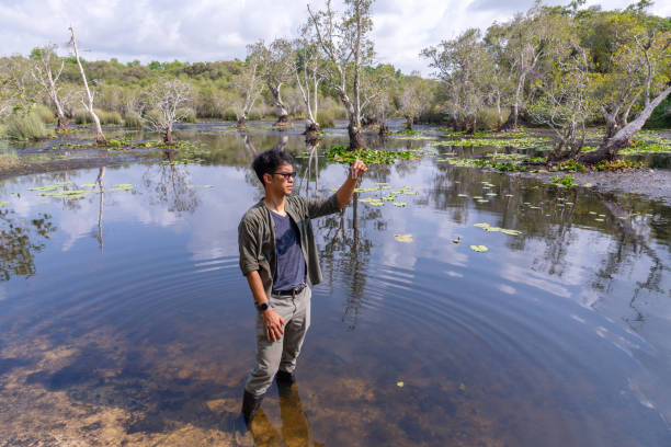 istock Environmental Asian mid adult engineer male inspecting water quality by sampling water sample from marsh to observe color, sediment to check water quality at botanic garden. Environmental and conservation research 2152411605