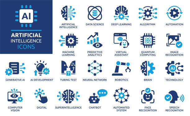 Artificial intelligence icon set. Solid vector icons collection. Containing machine learning, data science, AI, virtual assistant, generative AI, technology, Turing test and more. artificial neural network stock illustrations