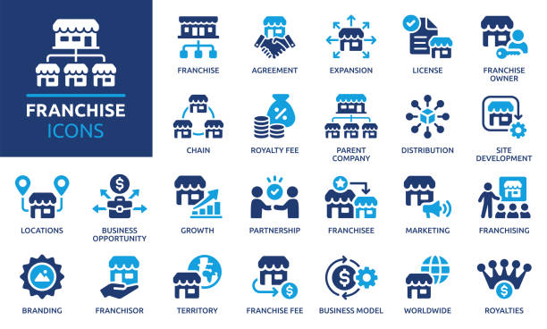 franchise icon set. solid vector icons collection. - mağaza perakende satış alanı stock illustrations