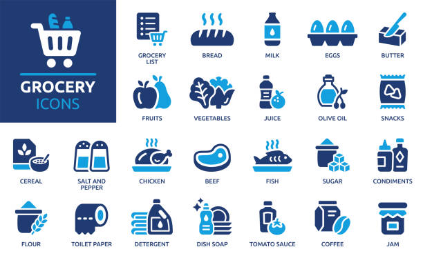Grocery icon set. Solid vector icons collection. Containing milk, eggs, bread, butter, flour, cereals, snacks, toilet paper, detergent and more. supermarket stock illustrations