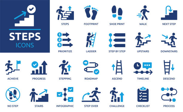 schritt-symbolsatz. solide vektor-icons-sammlung. - stufen stock-grafiken, -clipart, -cartoons und -symbole