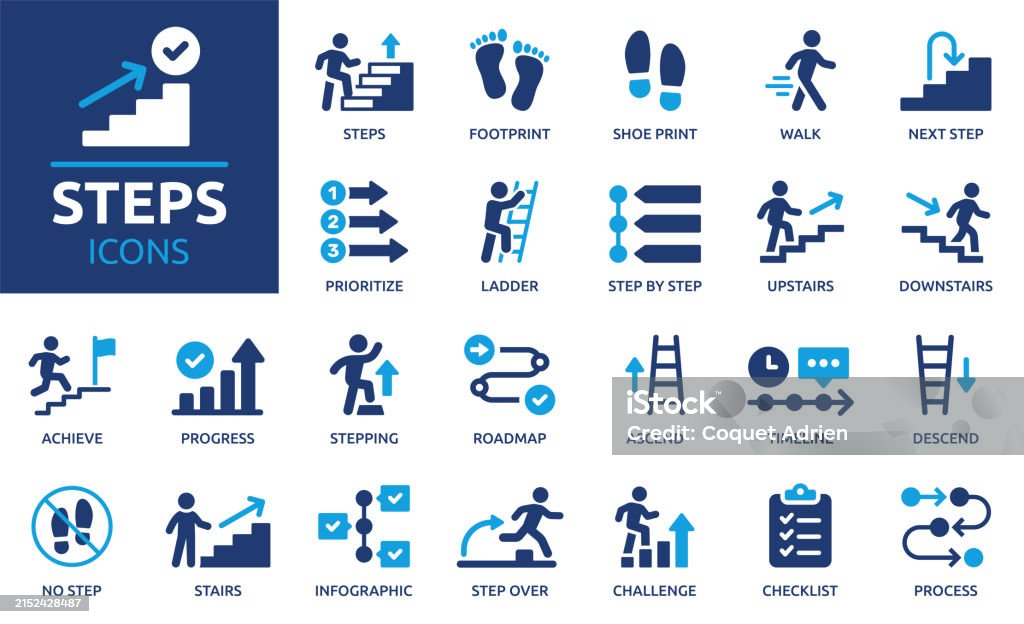 Steps icon set. Solid vector icons collection. - 免版稅圖示圖庫向量圖形 Steps icon set. Solid vector icons collection. - 免版稅圖示圖庫向量圖形