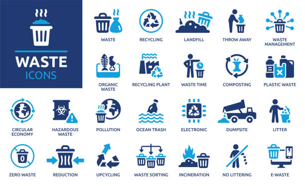 Waste icon set. Solid vector icons collection. Containing recycling, litter, trash, pollution, landfill, waste management, composting, waste sorting and more. littering stock illustrations