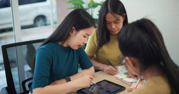 istock Females business team talking and use tablet for data analysis on project plan in modern office. 2152429423