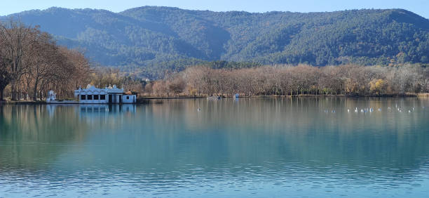 banyoles lake views with blue boats
