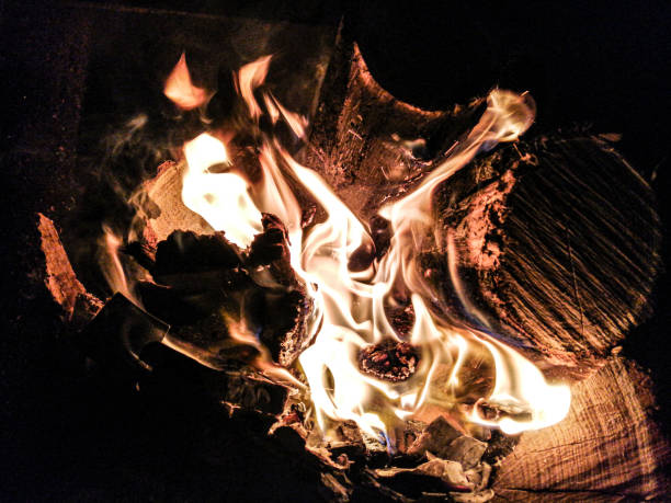 Logs in flames in lit wood stove