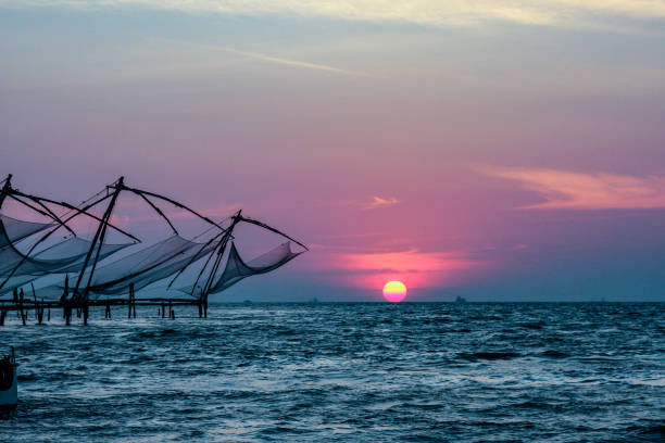 Chinese Fishing Nets in Kochi, Kerala, India at sunset
