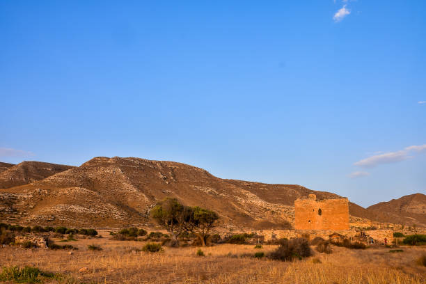 A desolate landscape with a large building in the distance. The sky is clear and blue, and the sun is setting