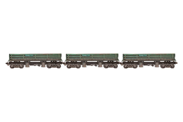 istock Three green metallic goods wagon or freight wagon isolated on white. Unpowered railway vehicles that are used for the transportation of cargo. 2152440795