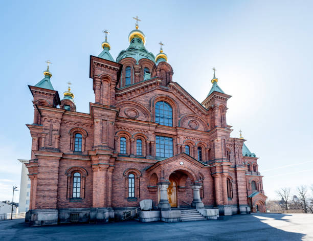 Uspenski Cathedral, Orthodox church in Helsinki, on a hill at sunny day. Red Church - Tourist destination In Finnish Capital, Finland.