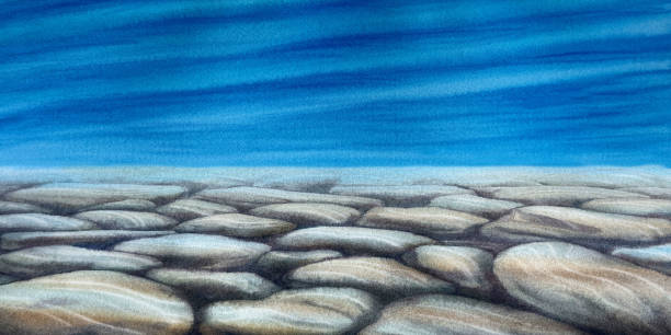 istock Seascape with sand and stones on the seabed under blue water, bright sky for realistic and abstract design template. Watercolor illustration for background, clipart, invitation, wallpaper, banner, 2152447814