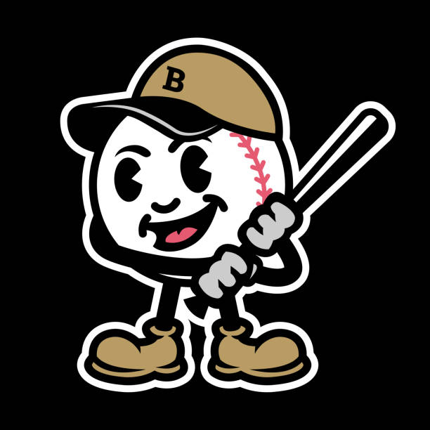 Baseball in the form of a cartoon character with a bat. Baseball in the form of a cartoon character with a bat on a dark background. Vector illustration kid stickers stock illustrations