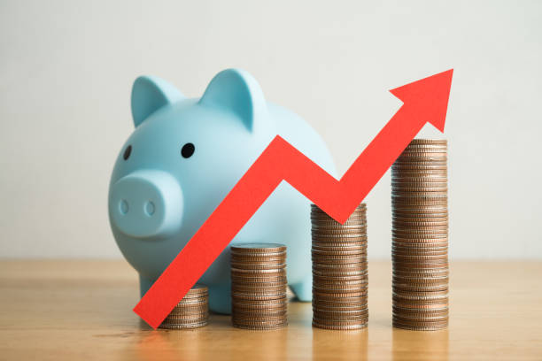 istock Blue piggy bank, stack coins and growth red graph chart on wooden table with white wall background. 2152451296