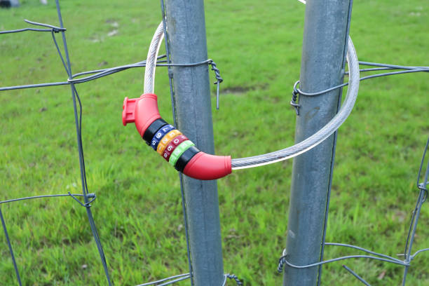 istock Padlock combination lock with chain on the fence 2152453035