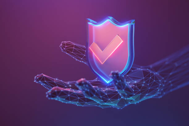 Protection and safety concept.  Glowing 3d shield icon with check mark symbol on the abstract human hand made with atom array and plexus effect