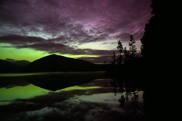 Aurora australis at Lake Haupiri, West Coast, New Zealand at 9:54 pm, May 11, 2024