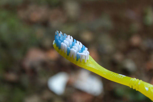 Close up macro color image depicting new electric toothbrush heads in a row on a white background.