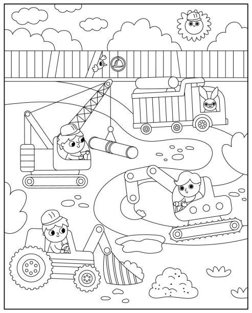 vektorová černobílá ilustrace krajiny staveniště. scéna s dětskými řidiči v traktoru, náklaďáku, jeřábu opravující dráhu. opravárenská služba, pozadí pro práci na silnici, omalovánka s vozidly - výstavba aktivita stock ilustrace