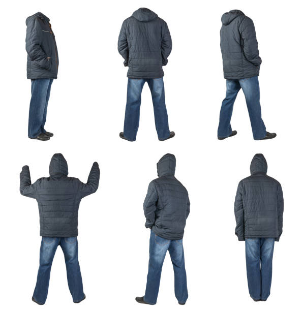 istock dark blue jeans, black leather shoes, jacket isolated on white background. 2152469452