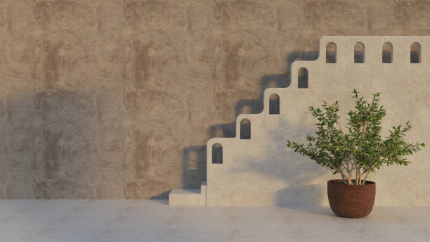 istock Minimal Scene with empty scene with geometric shapes, platform and stairs 3d rendering white wall vegetation, plant green 2152473331