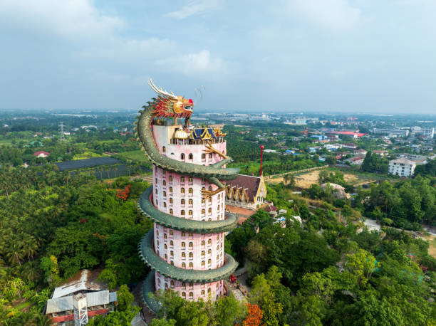 Aerial view of Wat Samphran Dragon Temple in the Sam Phran District in Nakhon Pathom province near Bangkok, Thailand.