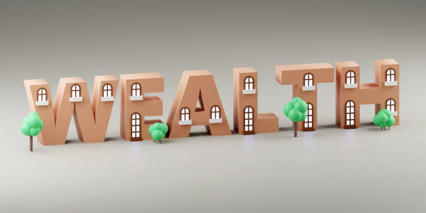 istock 3d Cute little houses on grey background saying wealth. 3D Illustration 2152474523
