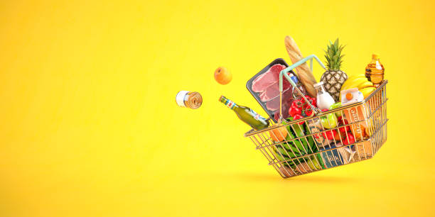 Shopping basket full of grocery products, food and drink on yellow background. Shopping basket full of grocery products, food and drink on yellow background. 3d illustration fruit cart vendor stock pictures, royalty-free photos & images