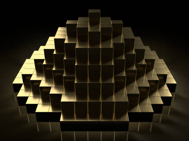istock 3D illustration of a pyramid stacked with golden cubes 2152480071