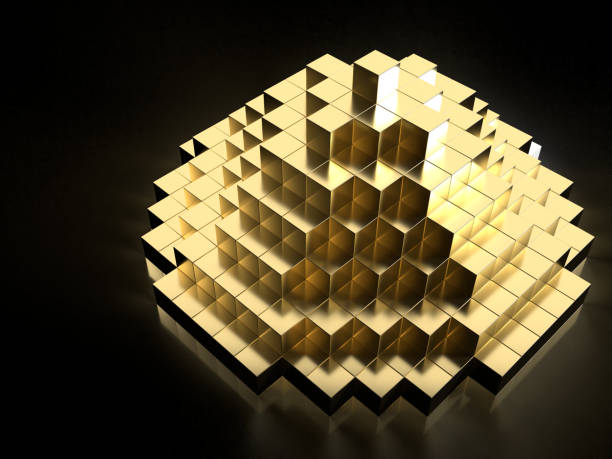 istock 3D illustration of a pyramid stacked with golden cubes 2152480074