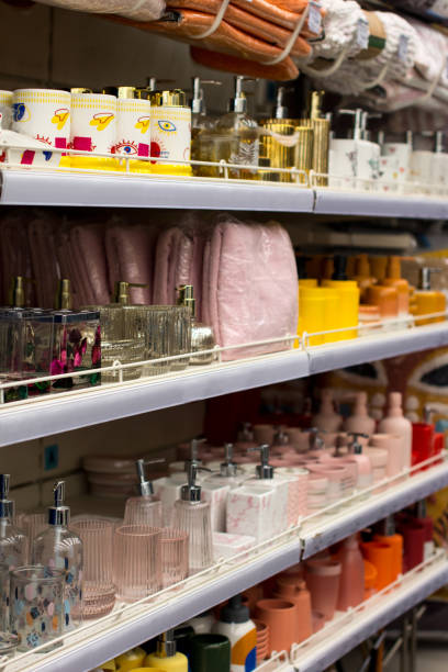 istock a shelf with bathroom accessories. Bathroom accessories in the store 2152487080