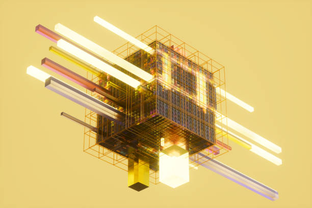 Data cubes, glass cubes connection, futuristic technology background, fintech, blockchain, cloud technology. Digitally generated image. 3d render.
