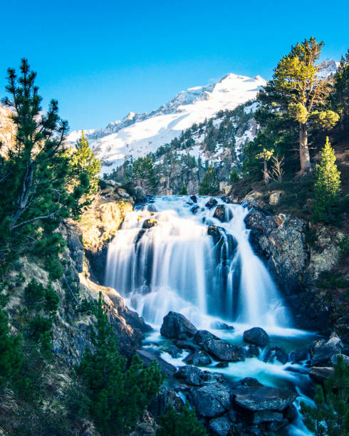 A waterfall is flowing down a mountain, with a clear blue sky in the background. The scene is serene and peaceful, with the water cascading down the rocks and the trees surrounding the area