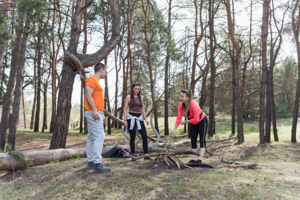 istock Three tourists collect firewood for a fire in the forest. 2152499361