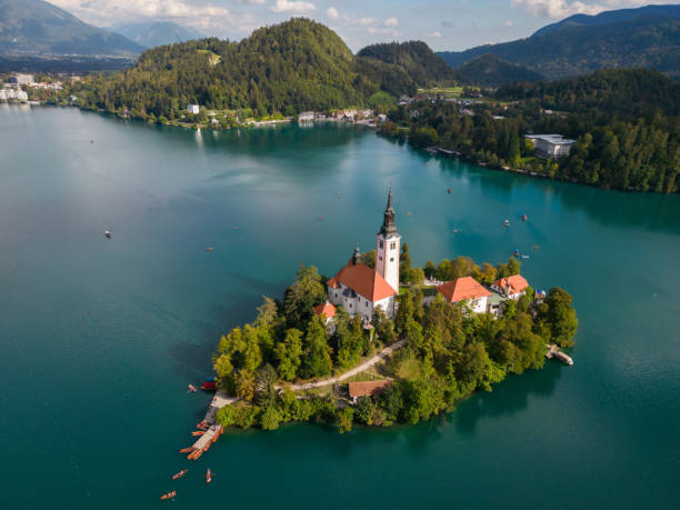 istock Drone shot flying. Slovenia. Lake Bled. 2152500902