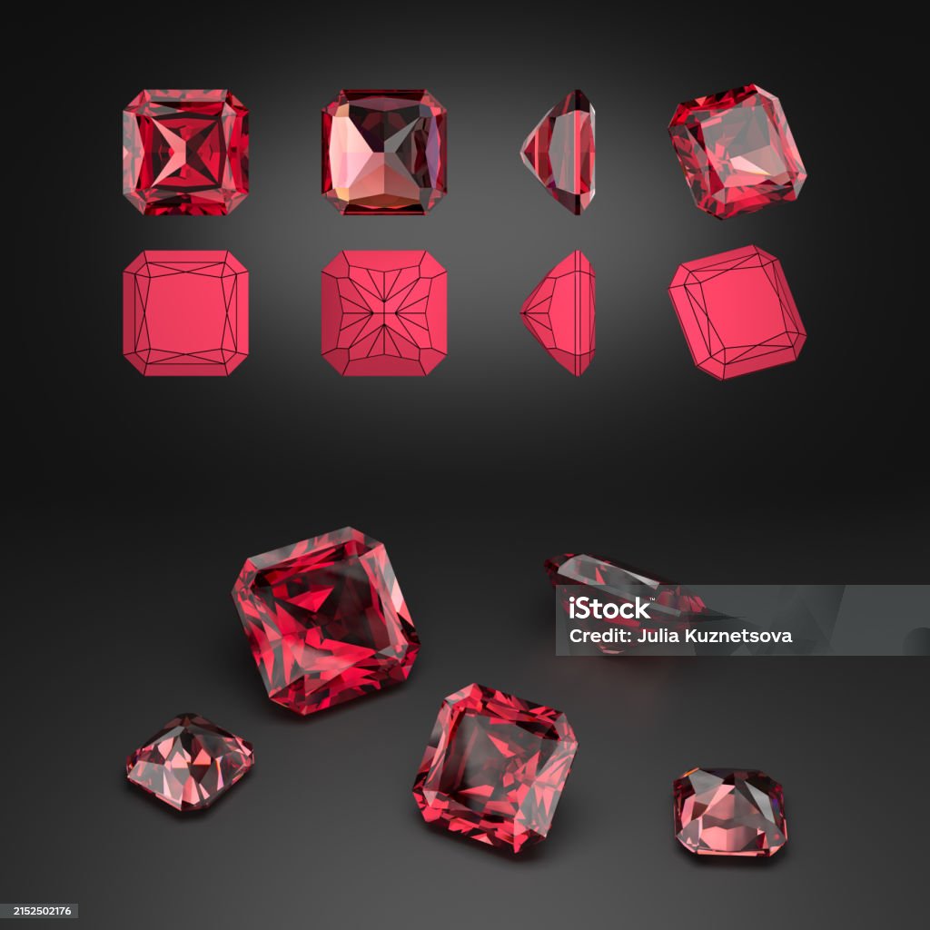 Dimostrazione di un rubino taglio radioso da diverse angolazioni. Schema di taglio. Dispersione di pietre preziose. Rendering 3D. - Foto stock royalty-free di Arrangiare Dimostrazione di un rubino taglio radioso da diverse angolazioni. Schema di taglio. Dispersione di pietre preziose. Rendering 3D. - Foto stock royalty-free di Arrangiare