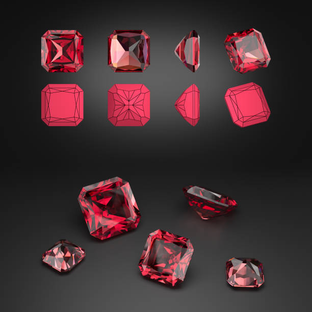 istock Demonstration of a radiant cut ruby from different angles. Scheme of cutting. Scattering of gemstones. 3d rendering. 2152502176