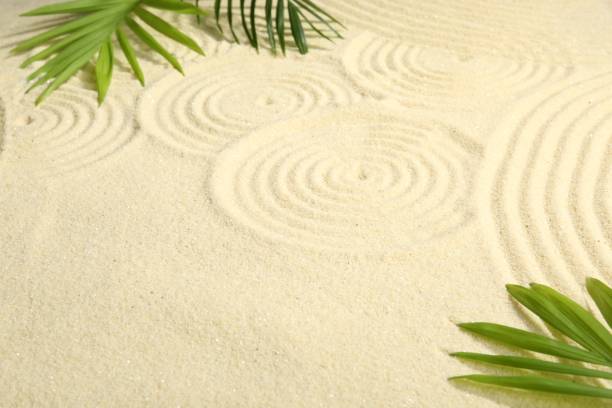 istock Zen rock garden. Circle patterns and green leaves on beige sand 2152511093