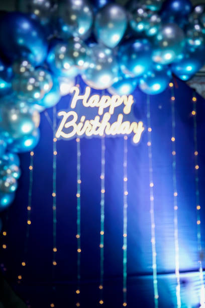 istock happy birthday, neon lights, blue background, metallic balloons 2152512815