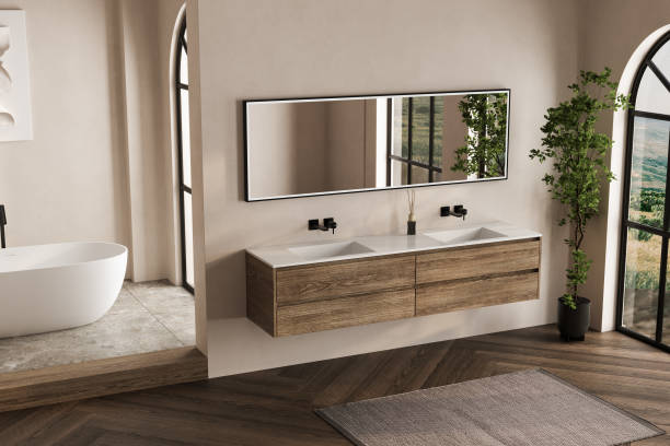 istock Beige bathroom interior with white basin and mirror, parquet floor, bathtub, plants. Bathing accessories and window in hotel studio. 2152516650