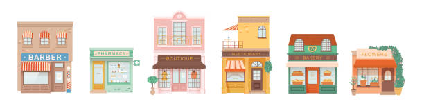 City shopping building illustrations set. Exterior facades and storefronts of pharmacy, barber shop, boutique, restaurant, cafe, bakery, flowers. Small business entity. Shopping commerce trade City shopping building illustrations set. Exterior facades and storefronts of pharmacy, barber shop, boutique, restaurant, cafe, bakery, flowers. Small business entity. Shopping commerce trade. restaurant stock illustrations