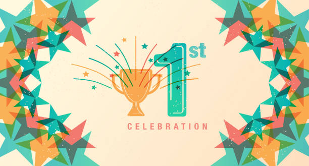 1 year logo decorated sign with stars, trophy and fireworks. First celebration banner or poster. Invitation. Vector illustration.