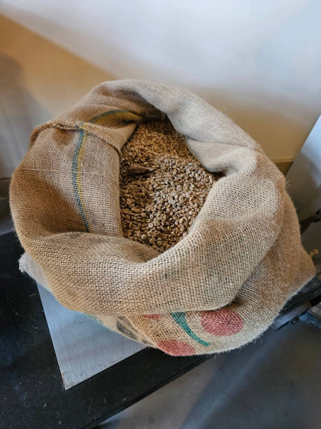 istock Looking down from above at a burlap bag of unroasted coffee beans. 2152530289